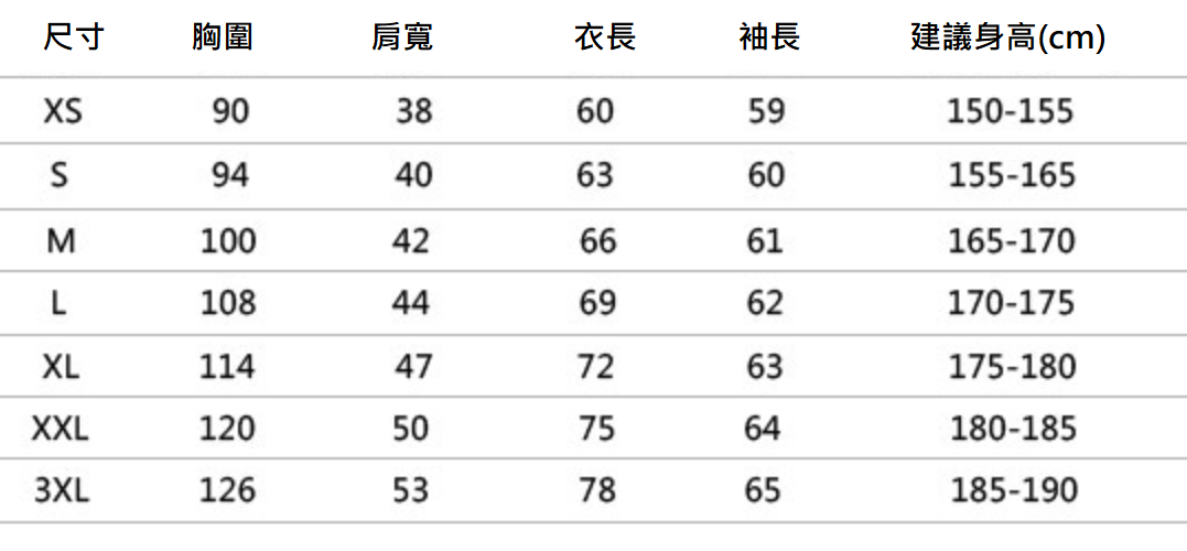 帽T秋冬款 尺寸表